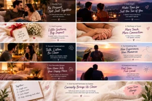 Collection of romantic couple moments featuring quality time, date nights, thoughtful surprises, affection and new experiences
