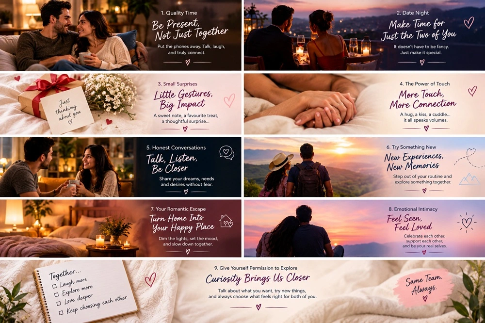 Collection of romantic couple moments featuring quality time, date nights, thoughtful surprises, affection and new experiences